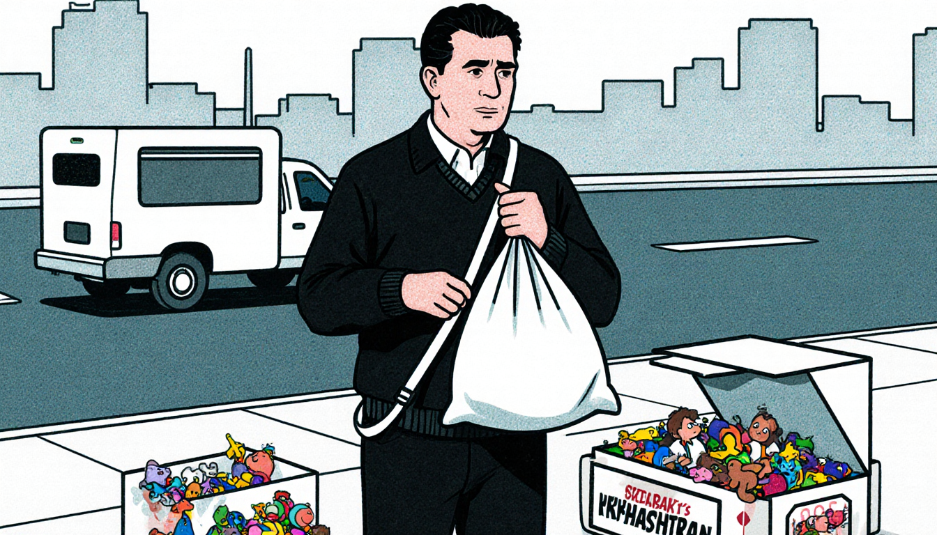 Sedrak Khachatrian holds a bag with toys peeking out near an open donation box with scattered toys and a delivery truck