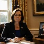 Susie Wiles sits at Oval Office desk with tired gaze and warm light framed Trump photo beside her.