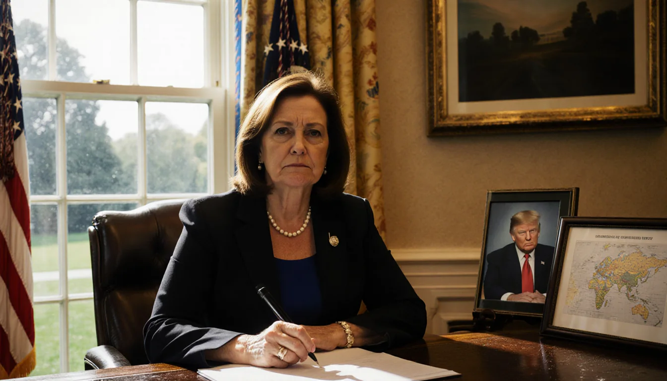 Susie Wiles sits at Oval Office desk with tired gaze and warm light framed Trump photo beside her.