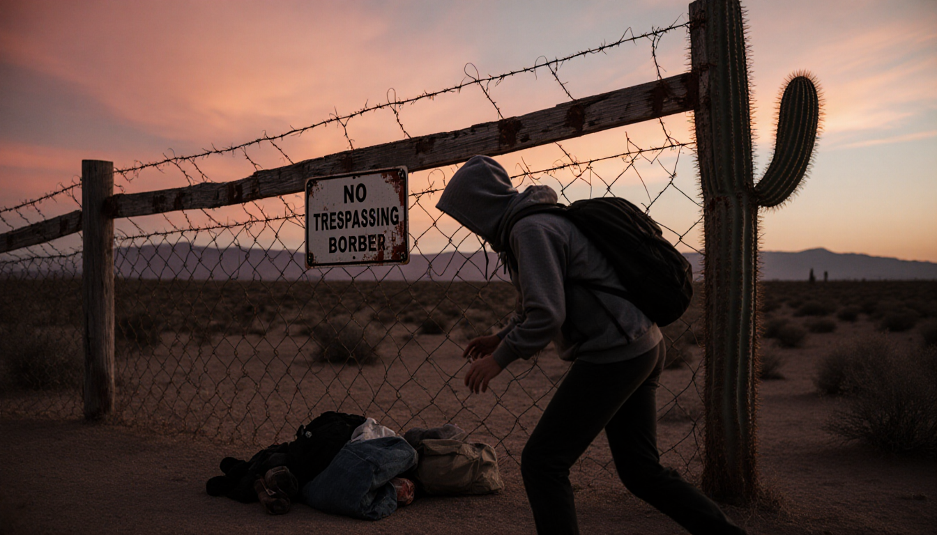 Female suspect fleeing toward border with worn fence and faded No Trespassing sign in desert at dusk.