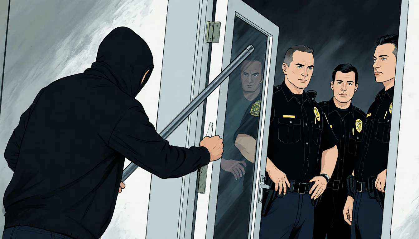 Suspect in clothing using a metal pole to force open apartment door with police standing outside on glass and tense faces