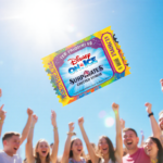 Ticket floating upward with Disney on Ice logo and cheering crowd in bright blue sky