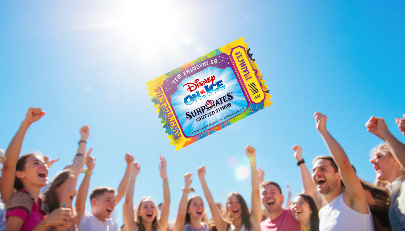Ticket floating upward with Disney on Ice logo and cheering crowd in bright blue sky