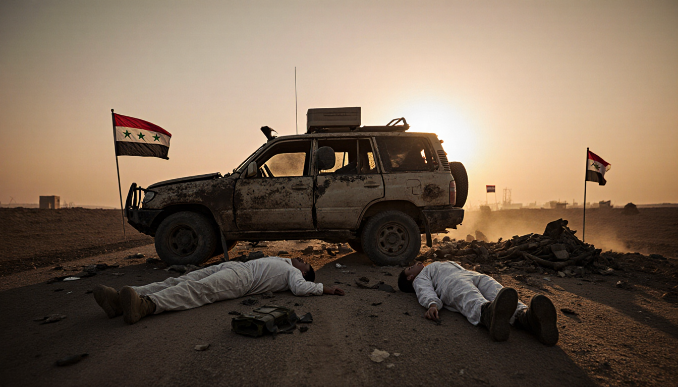 Damaged patrol vehicle on dusty Syrian road with fallen service members and white civilian near equipment and IS flags at sun