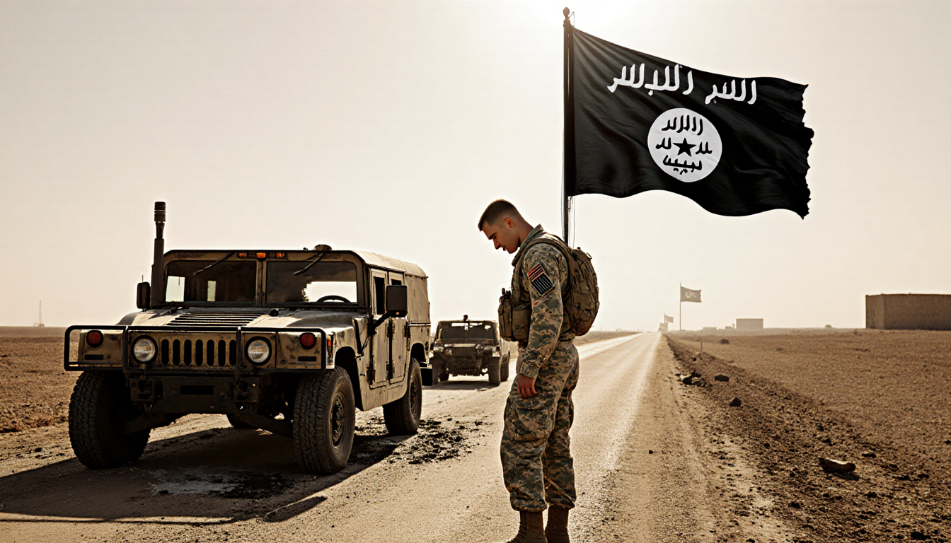 U.S. soldier gazes down at his boots with a deserted road and abandoned Humvee hinting at an ambush