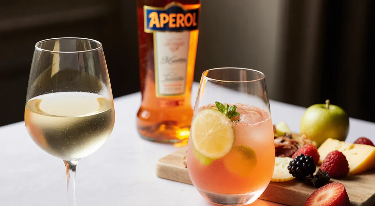 Wine glass pours pale yellow with spritz glass full of colorful mix near Aperol bottle and charcuterie spread