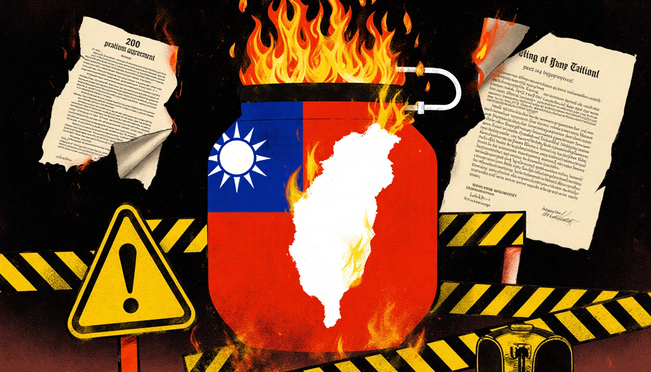 Fiery powder keg shaped like Taiwan burns with flames and warning signs while a torn treaty burns in background.