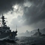 Chinese naval vessel spinning propellers with American warship scanning radar and foggy Taiwan Strait backdrop.