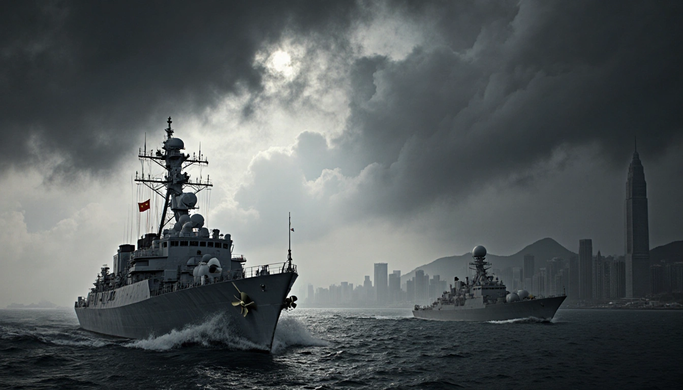 Chinese naval vessel spinning propellers with American warship scanning radar and foggy Taiwan Strait backdrop.
