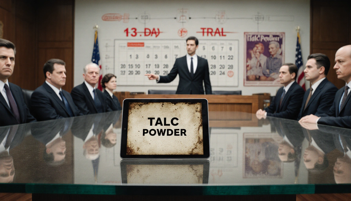 Lawyer pointing to talc ad with glass table holding tablet labeled Talc Powder and jury box in background.