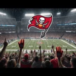 Fans jump up and down with red foam fingers and Bucs logo shining in misty rain over packed stadium