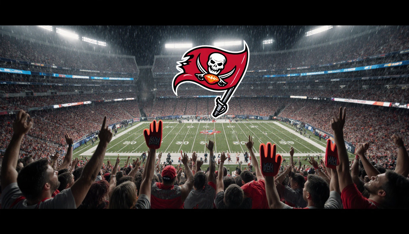 Fans jump up and down with red foam fingers and Bucs logo shining in misty rain over packed stadium