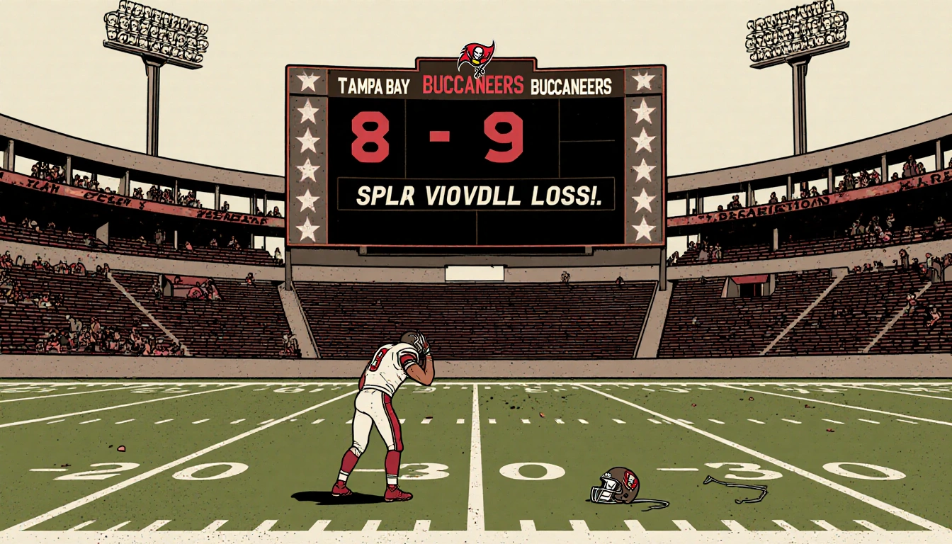 Dejected football player holds his head with scoreboard showing 8-9 and empty stadium with torn jersey