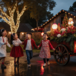 Children laughing and playing near a decorated farm wagon with festive lanterns and twinkling lights on a dusk farm