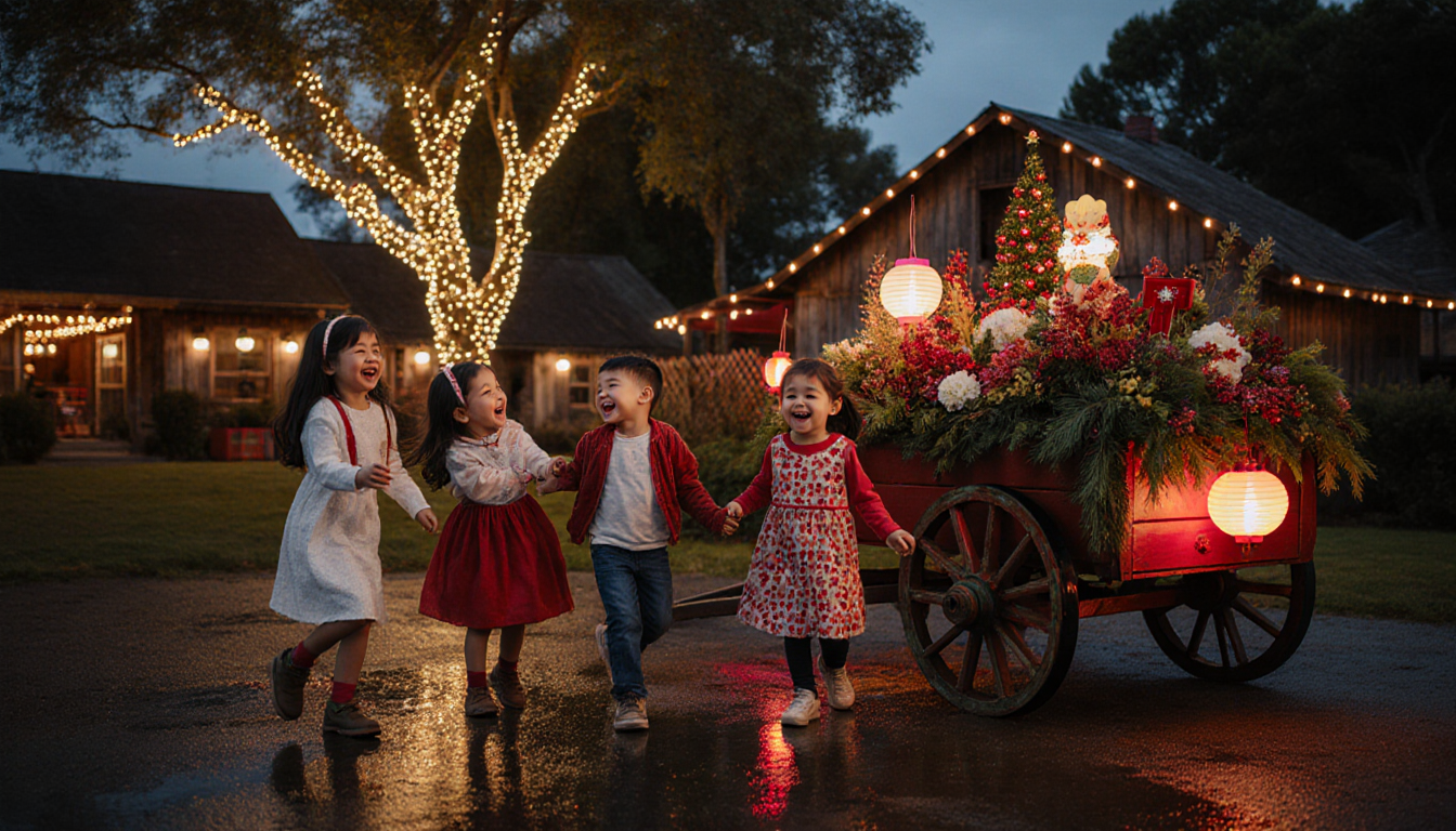 Children laughing and playing near a decorated farm wagon with festive lanterns and twinkling lights on a dusk farm