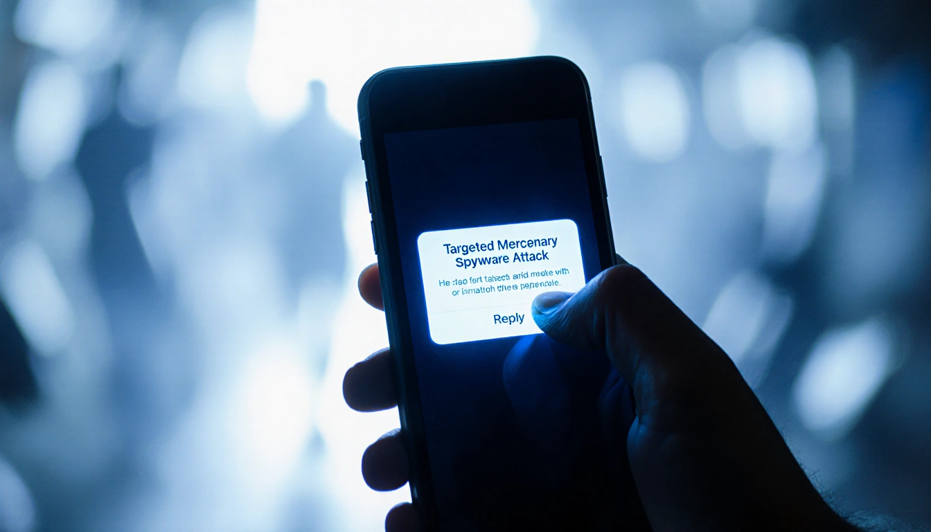 Hand presses reply on phone screen with Targeted Mercenary Spyware Attack notification glowing blue in blurred background