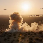 US aircraft flying over desert with smoke plume and fleeing militants under sunset glow