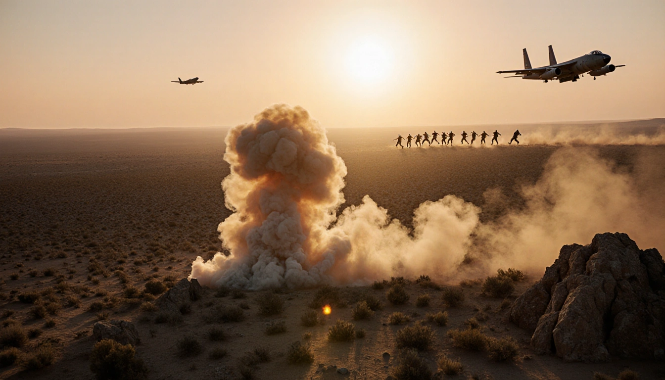 US aircraft flying over desert with smoke plume and fleeing militants under sunset glow
