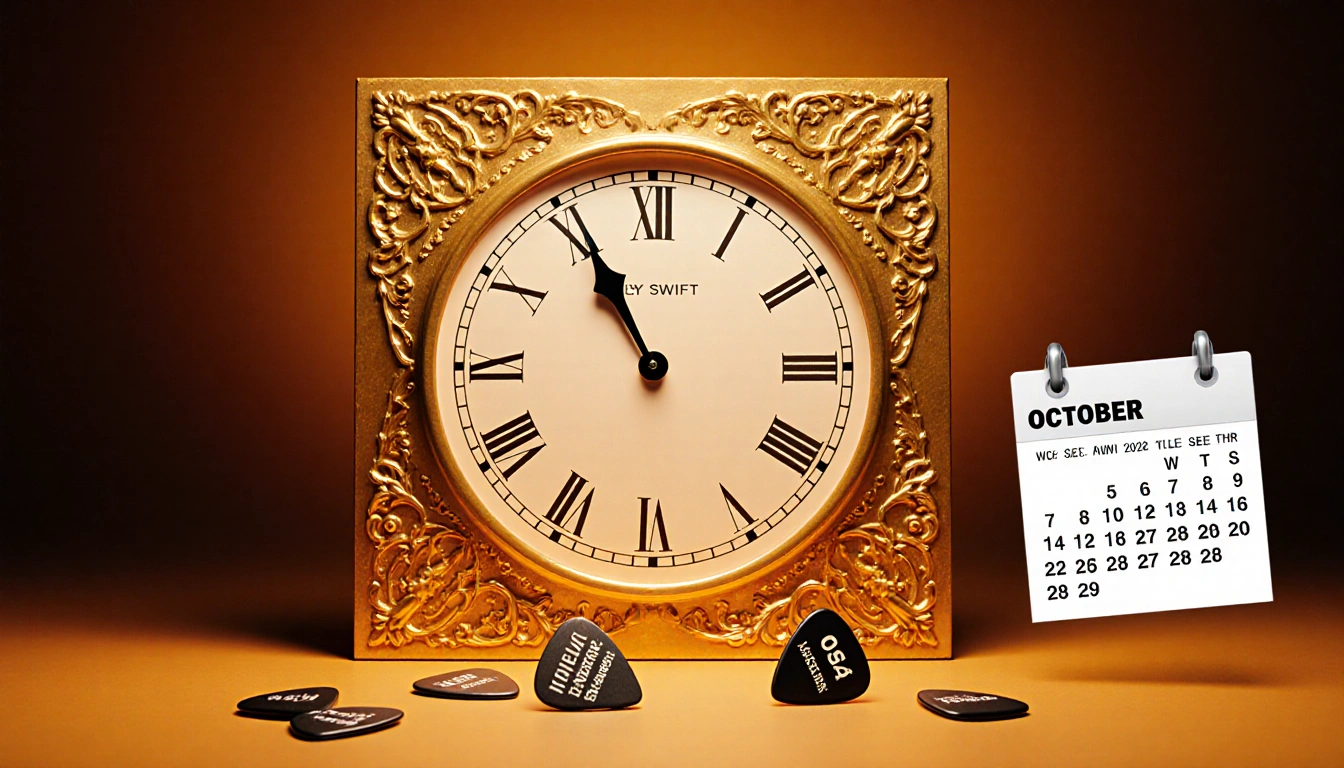 Clock face striking midnight with warm gradient background and guitar picks scattered near a calendar page.