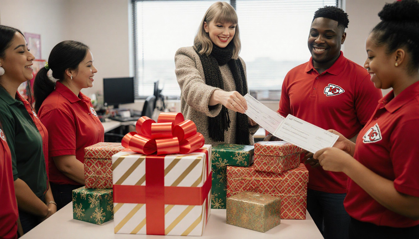 Taylor Swift handing out checks with festive table set with a large red bow and wrapped presents and Chiefs Christmas workers