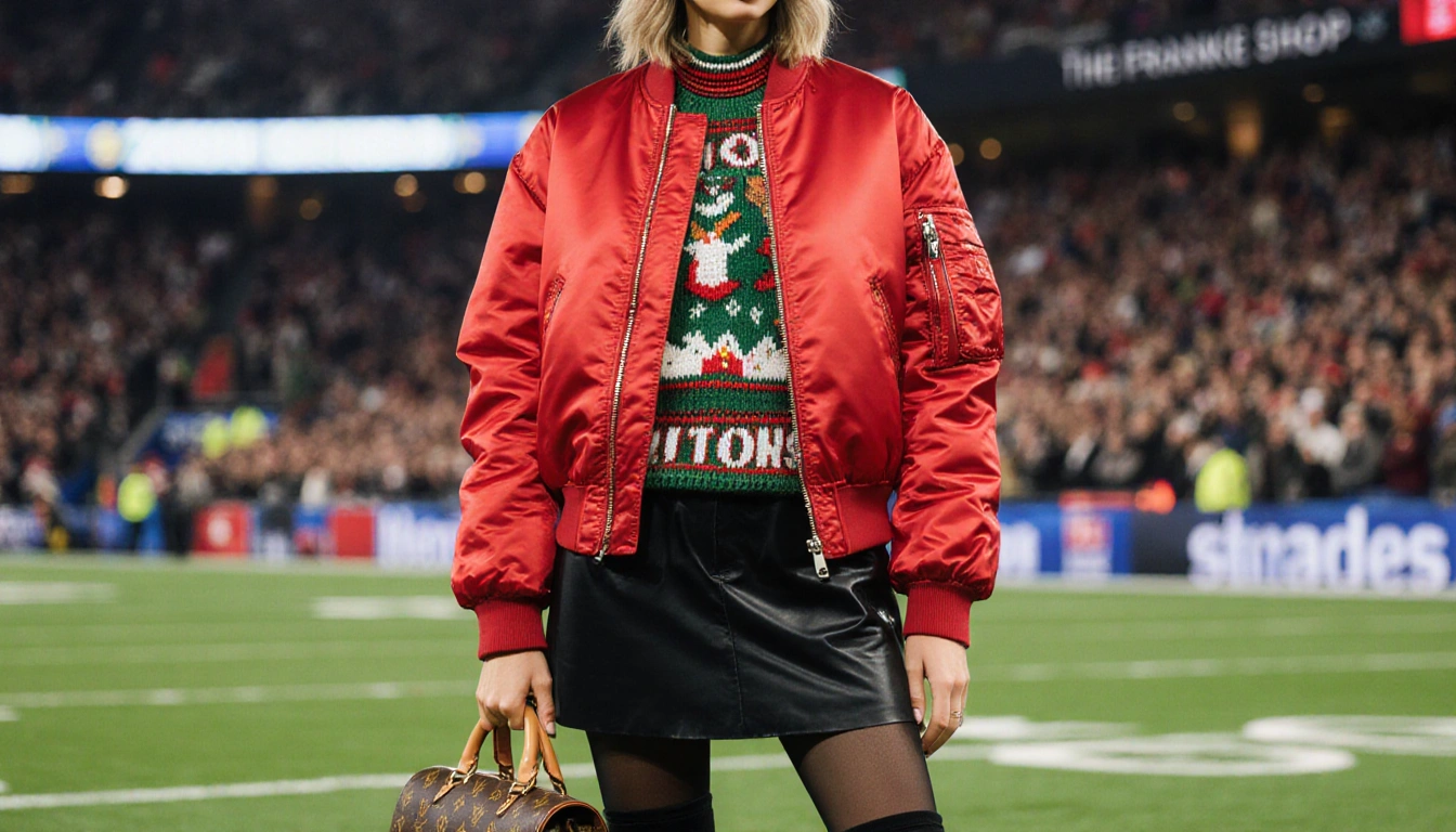 Taylor Swift stands in front of a football stadium wearing a festive Christmas outfit and holding a Louis Vuitton bag