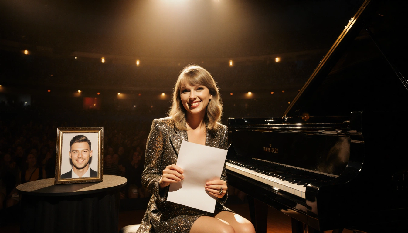 Taylor Swift sits on stage holding a letter with a smiling face and a framed Travis Kelce photo near her left golden lights.