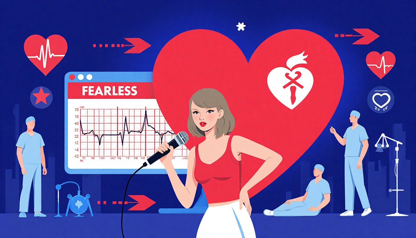 Taylor Swift holding a heart-shaped microphone with an ECG chart of her father's surgery results and an AHA logo behind