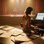 Taylor Swift sits at a piano with laptop open to an album title and music sheets scattered around.