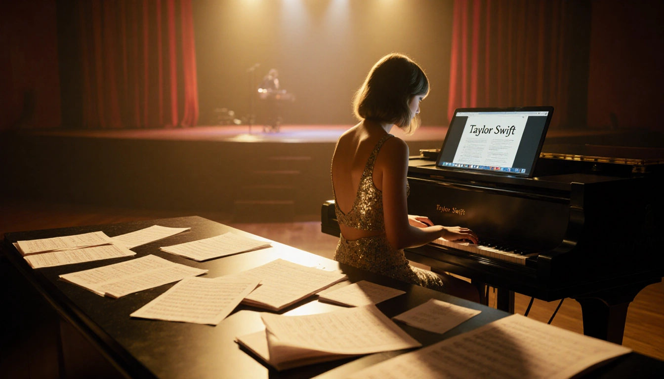 Taylor Swift sits at a piano with laptop open to an album title and music sheets scattered around.