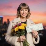 Taylor Swift smiles while holding a large check in one hand and a bouquet of flowers in the other near a sunset cityscape