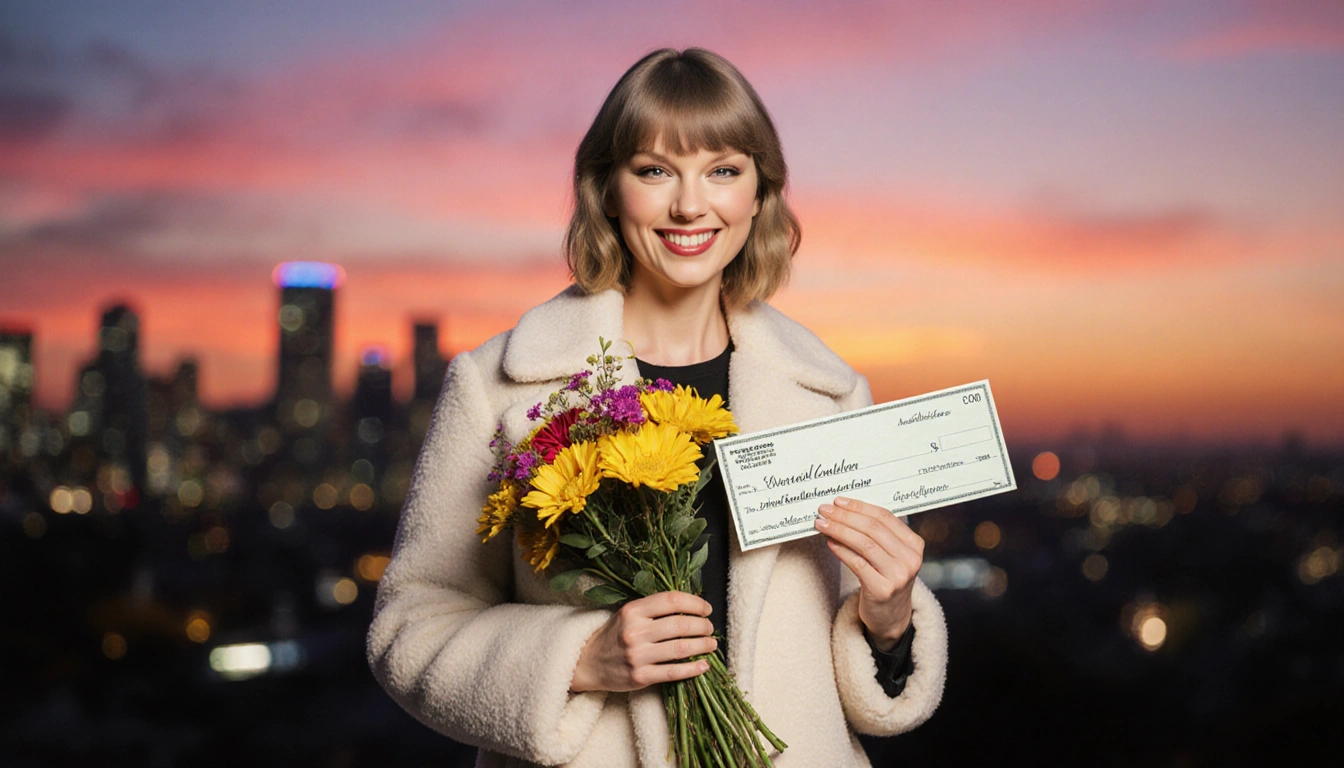 Taylor Swift smiles while holding a large check in one hand and a bouquet of flowers in the other near a sunset cityscape