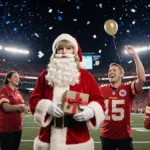 Taylor Swift standing beside Santa Claus with cheering Chiefs fans in red and gold jerseys and blue white lights.