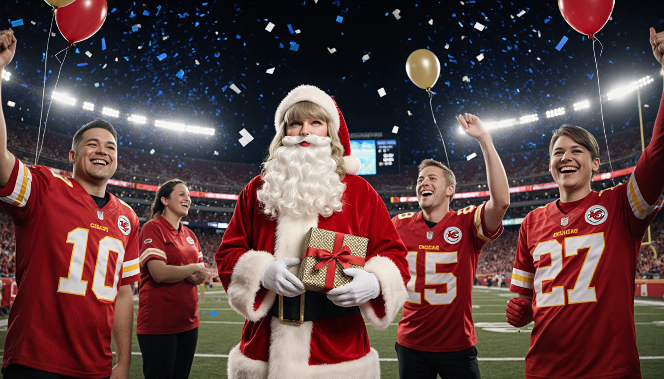 Taylor Swift standing beside Santa Claus with cheering Chiefs fans in red and gold jerseys and blue white lights.
