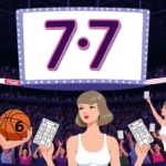 Taylor Swift looks on with neon 6-7 screen and fans holding scorecards