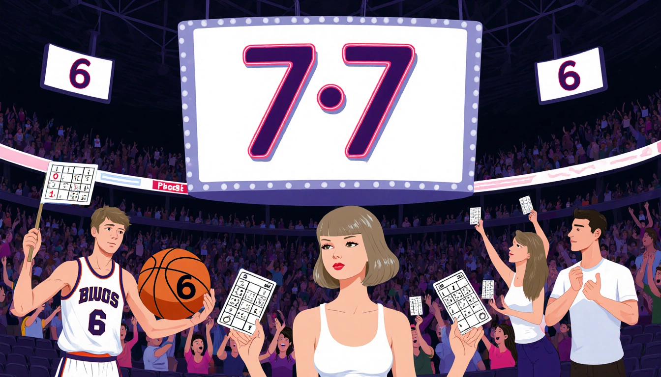 Taylor Swift looks on with neon 6-7 screen and fans holding scorecards