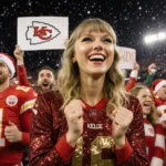 Taylor Swift cheers beside Travis Kelce with sparkling lights and holiday décor in a lively Arrowhead Stadium