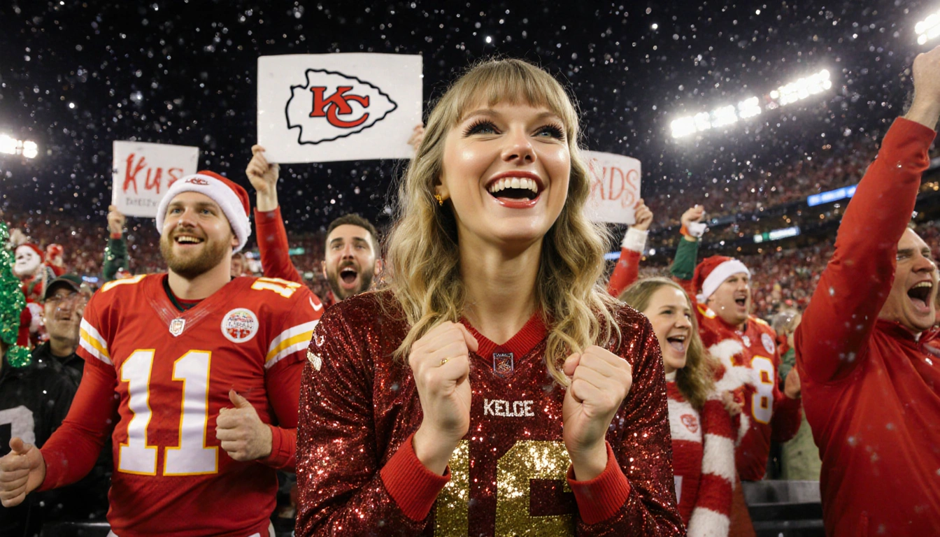 Taylor Swift cheers beside Travis Kelce with sparkling lights and holiday décor in a lively Arrowhead Stadium