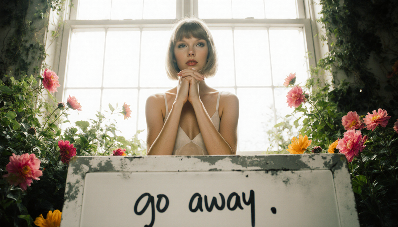 Taylor Swift sits and clasps her hands with light pouring through a large window beside lush greenery and a faded chalkboard