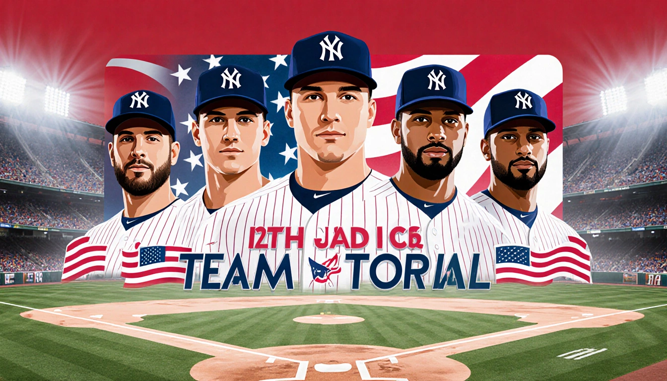 Team USA baseball roster grid showing player silhouettes with American flag patterns and bold 2026 lettering.
