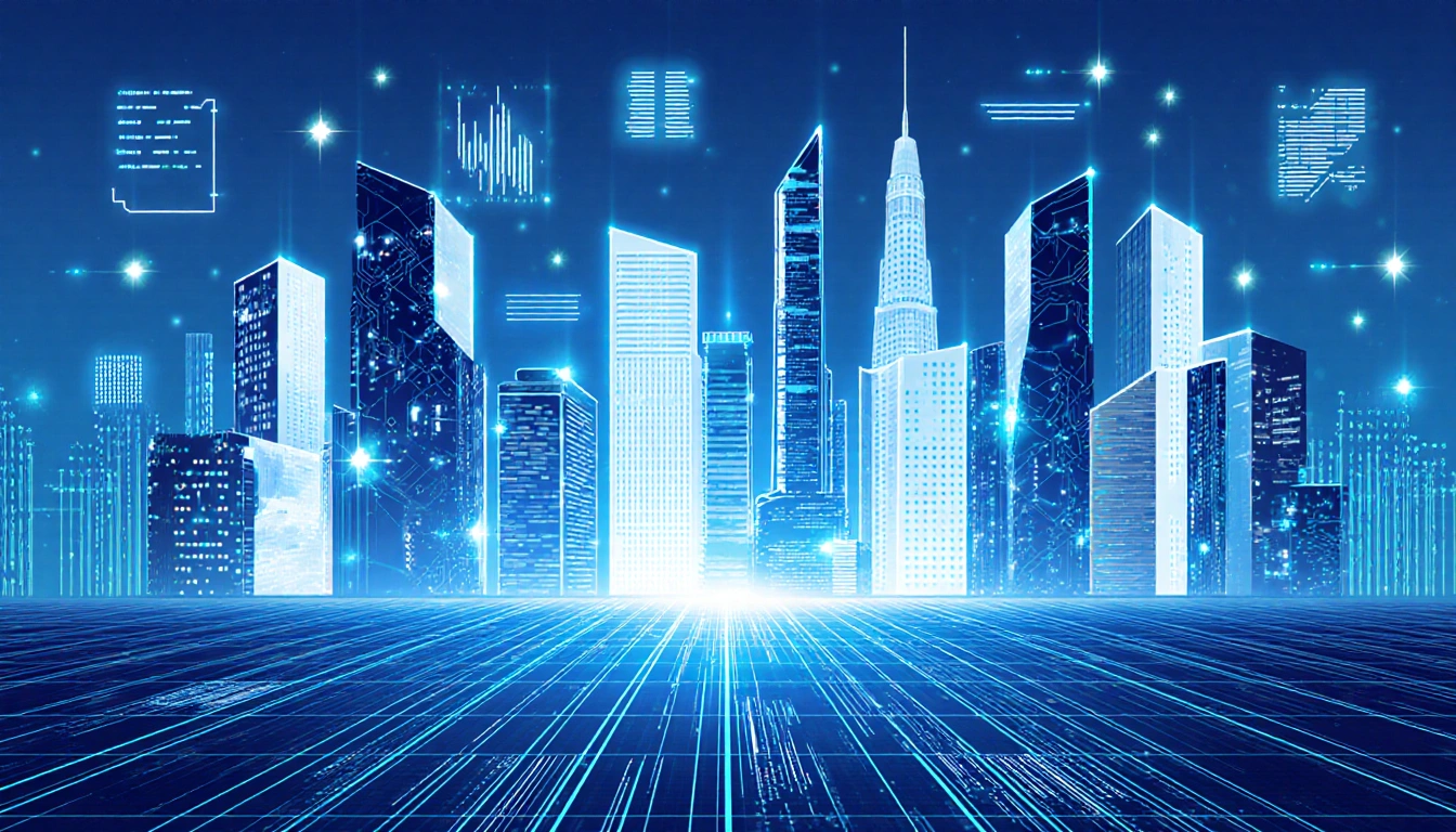 Skyscrapers glow with blue neon and circuit board patterns showing real estate and fintech and market impact on the skyline