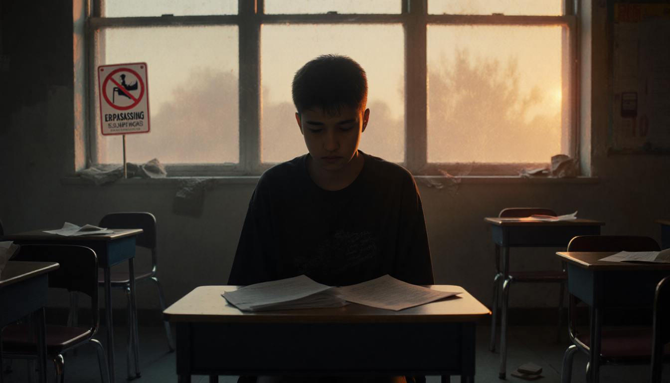 Teenager sits at a desk with a determined face while scattered papers lay and a faint No Trespassing sign glows in the window