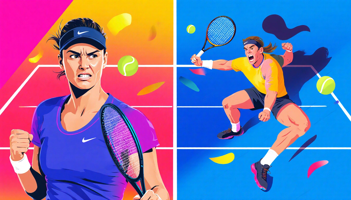 Aryna Sabalenka serves with exaggerated grunt while Nick Kyrgios counters with animated dance during split-screen timeout.