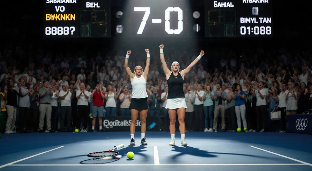 Sabalenka and Rybakina lean exhausted on tennis court with arms raised and abandoned racket beside scoreboard showing 7-0