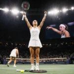 Elena Rybakina raising arms in victory with racket across chest and ball in hand under warm stadium lights on tennis court.