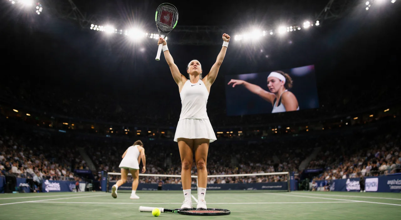Elena Rybakina raising arms in victory with racket across chest and ball in hand under warm stadium lights on tennis court.