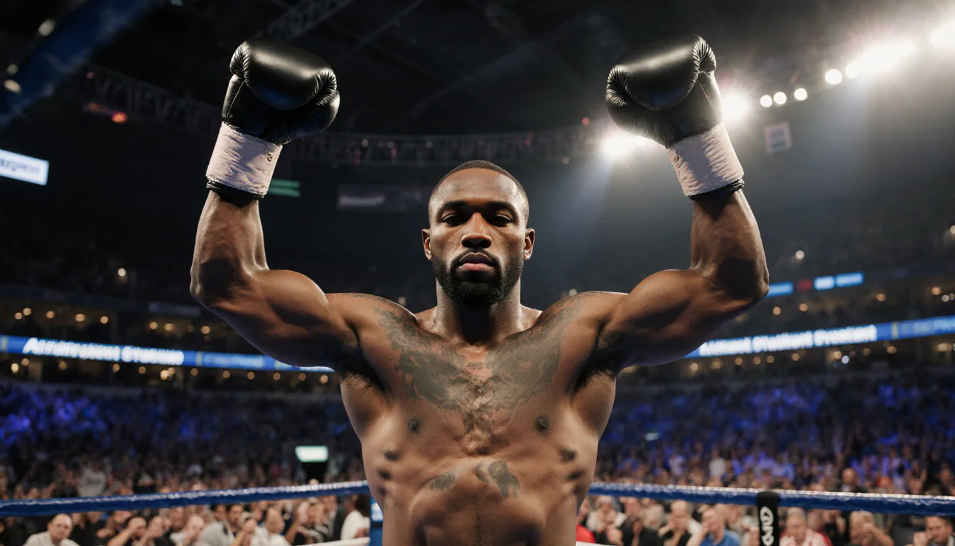 Terence Crawford, a boxer, stands center ring with arms raised and gaze on gloves in dim stadium lights