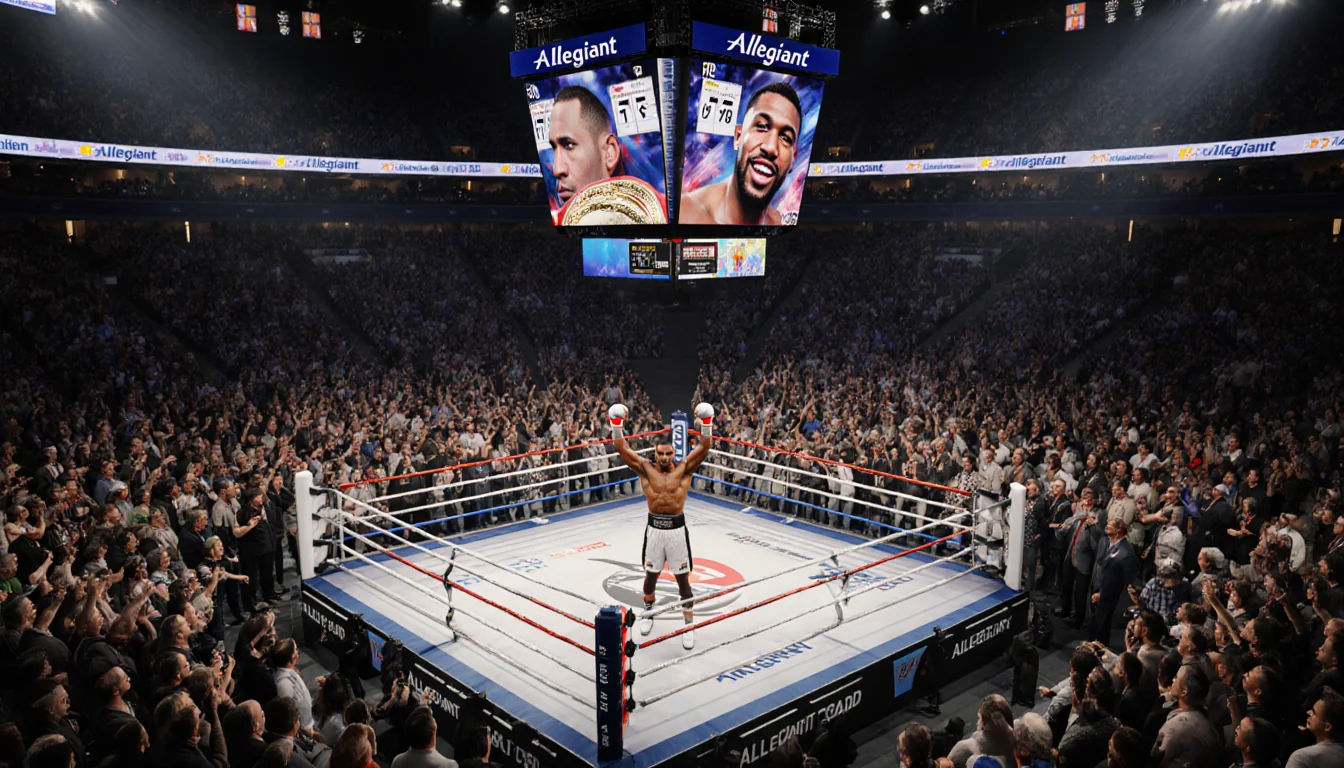 Terence Crawford raising arms with championship belt and scorecards in front of cheering crowd at packed Allegiant Stadium