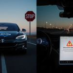 Tesla Model S parked on dark California highway at dusk with self‑driving logo and red stop sign.