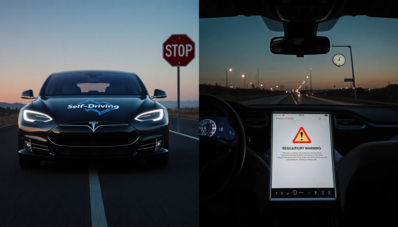 Tesla Model S parked on dark California highway at dusk with self‑driving logo and red stop sign.