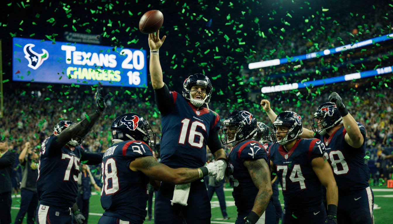 Players huddle as C.J. Stroud throws the ball with scoreboard showing Houston Texans 20 Chargers 16 and confetti in crowd